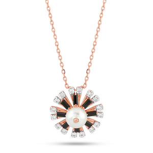 Collier pendentif diamant chaîne dorée avec centre de perles noires florales effet soleil éclatant - Product Image 1