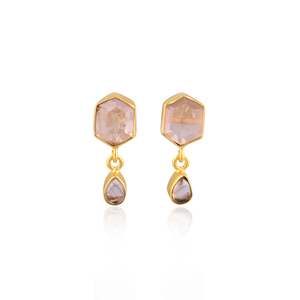 Natural Rose Quartz Hexagon & Pear Shaped Brass Gold Plated <b>Hook</b> Handmade Gemstone Dangle <b>Earrings</b> for Women - Product Image 1