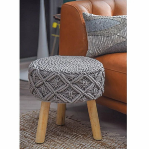 Grey Round Macrame Covered <b>Ottoman</b> <b>Stool</b> with Wooden Legs Boho Footrest Pouf for Living Room Hotel Cafe Decor - Product Image 4