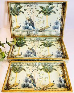 Plateau en bois de luxe avec bord doré, motif hexagonal, design bleu et feuille d'or, forme carrée, poignée intégrée pour cadeaux - Product Image 3