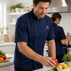 Veste de chef unisexe personnalisée à manches courtes, col mandarin, respirante, extensible, en tissu tissé polyester/viscose/spandex, boutonnée, uniforme - Product Image 4