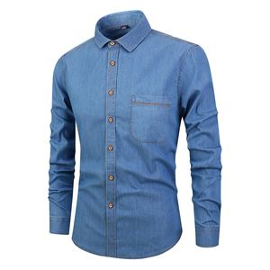 Chemises pour hommes en denim de coton lavé, boutonnées, respirantes, bleues, coupe classique, style décontracté, dernière collection de luxe - Product Image 5