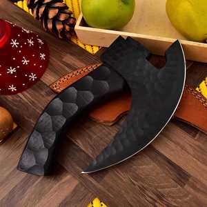 Couteau à pizza industriel artisanal en acier carbone martelé, lame noire, manche en bois, étui en cuir, style Ulu, pour cuisine, barbecue, camping - Product Image 3