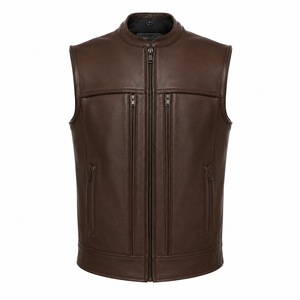 Men's <b>Brown</b> Genuine Leather Motorcycle <b>Vest</b> – Sleeveless Biker <b>Vest</b> with Stand Collar & Zip Closure - Product Image 4