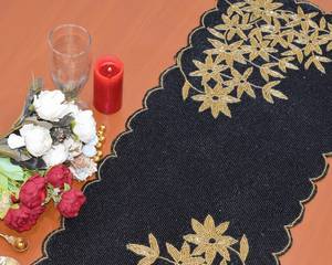 Black <b>Gold</b> Beaded <b>Table</b> <b>Runner</b> Rectangle Fabric Glam Handmade Mats - Product Image 5