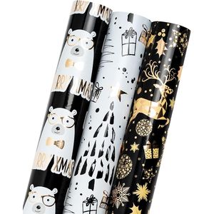 Rotolo di Carta da Regalo Natalizia Mini 43 cm x 305 cm, 3 Diversi Design con Orso Nero e Oro, 42,3 Piedi Quadrati Totali, Carta da Imballaggio - Product Image 2
