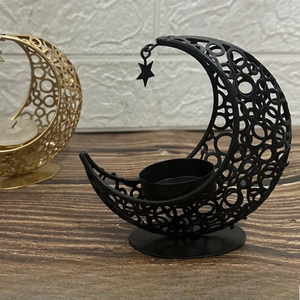 Ensemble de 2 porte-bougies en métal en forme de croissant de lune, design ajouré, finition dorée et noire, pour la décoration du Ramadan et de l'Aïd - Product Image 2