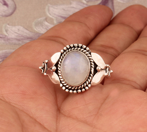 Luxury Natural Rainbow Moonstone <b>Ring</b> Elegant 925 Sterling <b>Silver</b> Gold Plated <b>Statement</b> Band - High-Quality Blue Flash <b>Ring</b> - Product Image 4