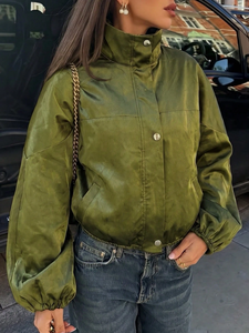 Silk Satin <b>Jacket</b> Olive Green Snap Button Cropped Stand Collar Balloon Sleeve Shimmer Wholesale - Product Image 3
