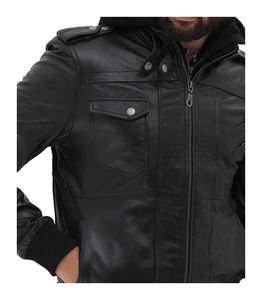 Mens Leather Bomber <b>Jacket</b> Removable Hood Stand Collar <b>Fleece</b> <b>Lined</b> Multi Pocket Casual Motorcycle <b>Jacket</b> - Product Image 3