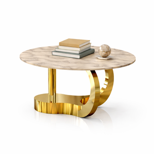 Juego de Mesa de Centro Redonda de Mármol de Lujo y Duradera con Marco de Metal Dorado, Mesas Auxiliares Modernas para Sala de Estar - Product Image 2