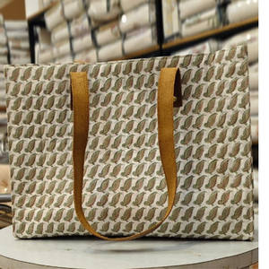 Canvas Tote <b>Bag</b> Leaf Pattern Brown Leather Handles Zip Closure Daily Use All Season Minimalist Style Indian Hand Block Print - Product Image 4