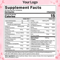 Gummies personnalisées multi-collagène hydrolysé 1000mg avec biotine et kératine, sans sucre, pour la santé des cheveux, de la peau et des ongles, 60 unités