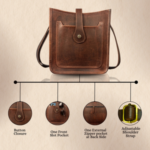 Bolso bandolera de cuero genuino marrón para hombre – Bolso de viaje compacto con cierre de solapa y bolsillo con cremallera - Product Image 3