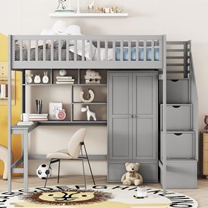 Letto a soppalco full-size per bambini con libreria, cassetti, scrivania e armadio, colore grigio - Product Image 2