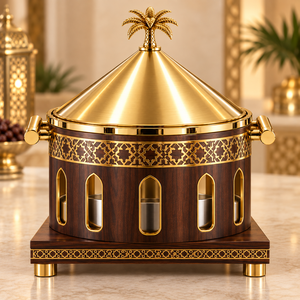 Plat à chafing de luxe de style arabe en acier inoxydable et bois avec couvercle conique en forme de palmier - Product Image 3