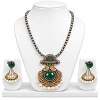 Ensemble collier et boucles d'oreilles en laiton avec pendentif en cristal de strass argenté oxydé bicolore |   Cadeau de mariage ethnique indien bohème pour femmes