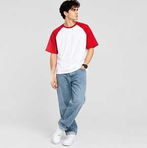 Camiseta de Hombre, Cuello Redondo, Manga Raglán Roja y Blanca, Casual, 100% Algodón, Corte Holgado, Color Sólido, Diseño Moderno, Secado Rápido - Product Image 2