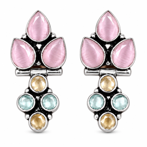 Boucles d'oreilles pendantes en argent oxydé multi-pierres en forme de cœur pour amoureux, avec garantie commerciale |   Tenue ethnique indienne bohème pour femme pour les fêtes | - Product Image 1