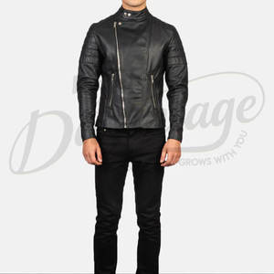 Veste de motard en cuir noir de qualité supérieure pour homme, coupe ajustée, fermeture éclair asymétrique, veste moto avec épaulettes rembourrées, veste décontractée en cuir véritable - Product Image 4