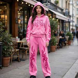 Conjunto Deportivo con Capucha y Cremallera para Mujer, Estilo Y2K, Estampado Tribal de Llamas Tie Dye, Traje Casual de Longitud Completa - Product Image 2