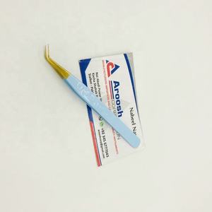 Pinzas profesionales de alta calidad para extensión de pestañas de acero inoxidable de 45 grados, Punta dorada, logotipo personalizado recubierto de Corazón Azul bebé - Product Image 5