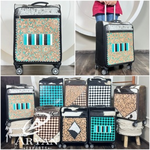 New Women's High Quality Handmade Real Cowhide Leather Floral Pattern Travel <b>Suitcase</b> Premium Style Zipper Closure Luggage Bag - Product Image 1