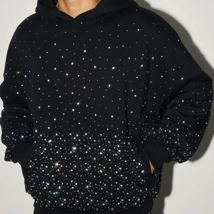 Premium All Over Black Rhinestone Hoodie Custom Heavyweight <b>Thick</b> <b>Fleece</b> Cotton Hoodie for Men Loose Fit Diamond Streetwear - Product Image 5