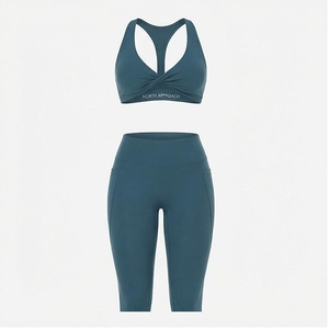 North Approach 2 Piece Yoga Set Racerback Twist <b>Top</b> High Waist Knee Length Leggings Solid Color Sweat Wicking Breathable - Product Image 1