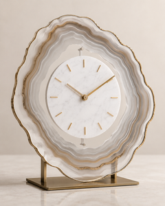 Modern Circular Desk <b>Clock</b> With Marble Face Brass Frame Silent Quartz Movement Needle Display - Product Image 1