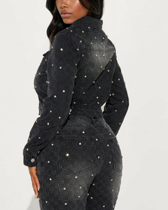 Women's Stonewashed Denim <b>Jacket</b> With Rivet Details Regular Fit Women’s Black Studded Denim <b>Jacket</b> <b>Rhinestones</b> Women <b>Jackets</b> - Product Image 2