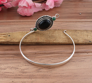 Natural Black Onyx Bangle 925 <b>Silver</b> Plated For Women Vintage Bohemian Style Black Gemstone <b>Cuff</b> <b>Bracelet</b> Handmade For Woman - Product Image 4