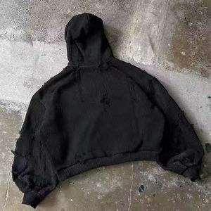 Sweat-shirt en molleton tricoté noir à capuche pour homme, manches régulières, design zippé déchiré, pull d'hiver, couleur unie, imperméable et coupe-vent - Product Image 5