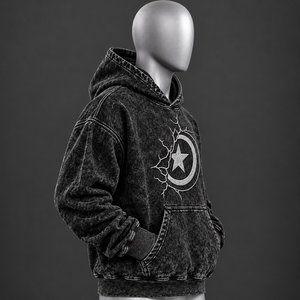 Sudadera con Capucha Negra para Hombre, Lavado Ácido, con Gráfico de Estrella Personalizado, Estilo Oversize, Urbana, Informal, de Forro Polar, OEM - Product Image 3