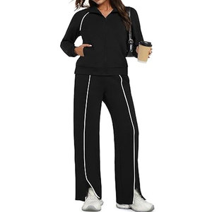 Conjunto de 2 piezas vintage 100% algodón transpirable, chándal informal con cremallera para otoño 2026, pantalones de pierna ancha para viaje - Product Image 2