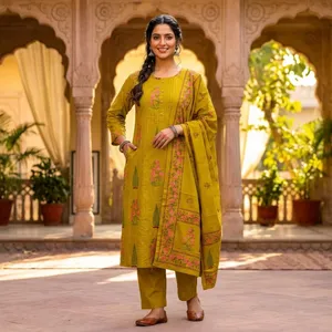Conjunto de Kurti, Pantalón y Dupatta de Algodón Amarillo Mostaza para Mujer, Corte Recto, con Pliegues, Manga Tres Cuartos, Bordado, Ropa Tradicional - Product Image 1