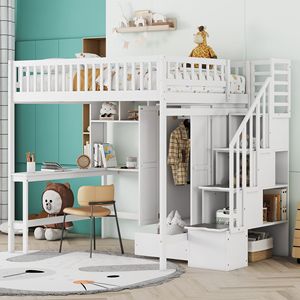 Letto a soppalco bianco full-size con libreria, cassetti, scrivania e armadio - Set di mobili per bambini - Product Image 1