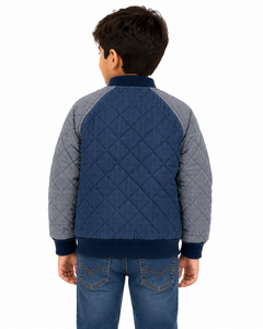Blouson matelassé pour garçons, bleu gris, motif losanges, veste d'hiver rembourrée, veste chaude à fermeture éclair intégrale pour enfants avec col et poignets côtelés - Product Image 3