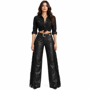 Pantalon en cuir véritable de qualité supérieure avec franges, style western - Product Image 3