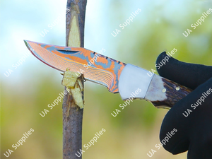 Couteau utilitaire pliant de poche EDC en acier Damas cuivré avec manche en corne de cerf pour le camping, la chasse, la pêche, la survie, OEM, faibles MOQ - Product Image 2