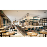 Comptoir central ouvert sur mesure avec porte-bouteilles suspendu, panneau mural en bois, table à manger et chaises pour l'intérieur d'un restaurant moderne