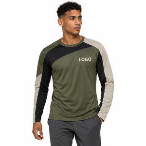 T-shirt d'entraînement pour homme à manches longues, color-block, séchage rapide, en polyester, col rond, coupe classique, décontracté, avec logo frontal - Product Image 5
