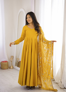 Pure Roman Silk Chanderi Flared Anarkali Gown <b>Pants</b> Embroidery Sequence Dupatta Set Churidar Sleeve Party Wear Suit (PY 313) - Product Image 2
