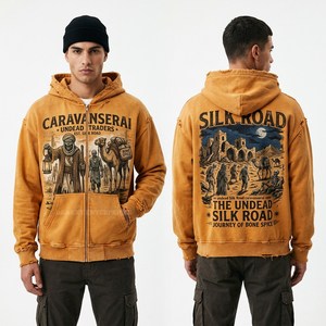 Sudadera con capucha beige para hombre, con gráfico del Ritual del Ceñíbal, estilo streetwear, oversize, con bordes desgarrados, lavado vintage, venta al por mayor - Product Image 6
