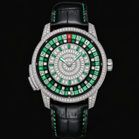 Montre de luxe pour homme Green Roulette Diamond avec bracelet en cuir, cadran en cristal serti de diamants, accessoire de mode et de joaillerie
