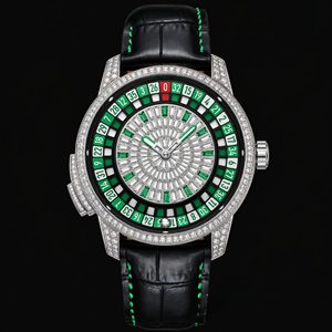 Montre de luxe pour homme Green Roulette Diamond avec bracelet en cuir, cadran en cristal serti de diamants, accessoire de mode et de joaillerie - Product Image 1