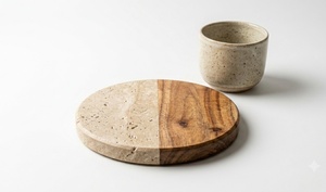 Luxury Artisan Crafted Beige Travertine <b>Marble</b> and Wooden <b>Coaster</b> Set for Modern Home and Dining Decor - Product Image 6