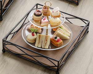 Deluxe Metal Rectangle <b>Storage</b> <b>Tray</b> With Wooden Base For Tabletop Food Serving Minimalist Design Powder Coated Finish - Product Image 6