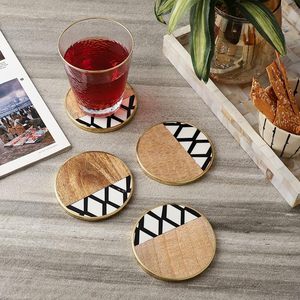 Wooden Crisscross <b>Coaster</b> Set of 4 with <b>Gold</b> Rim Round Tea Coffee Drink <b>Coasters</b> for Home Table Decor - Product Image 3