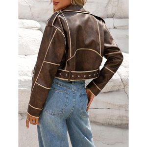 Women <b>Long</b> Sleeve Outerwears Cropped Bomber Jacket Faux Leather Autumn Winter Vintage Short <b>Coats</b> - Product Image 4